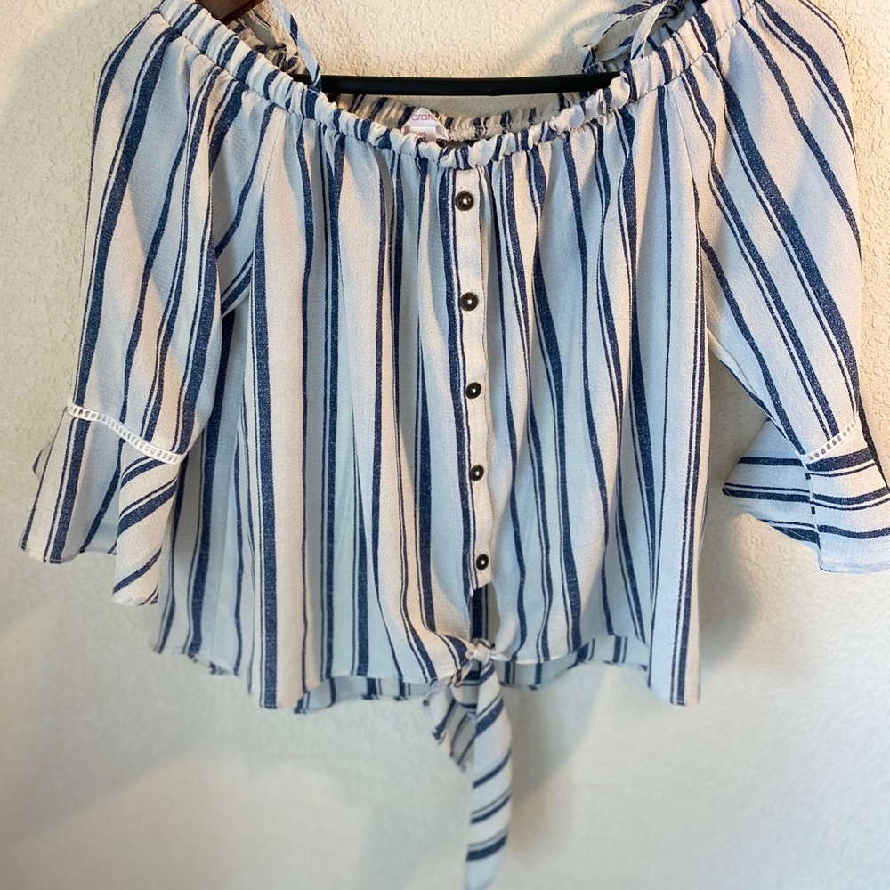 white/blue stripe blouse with adjustable straps